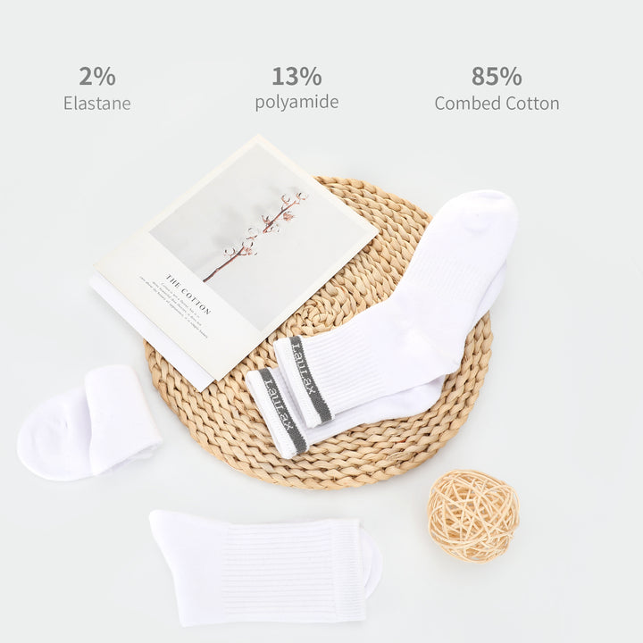 Laulax 5 Pairs Finest Combed Cotton Cushioned Arch Support White PE Sport Socks, 3-18 Years