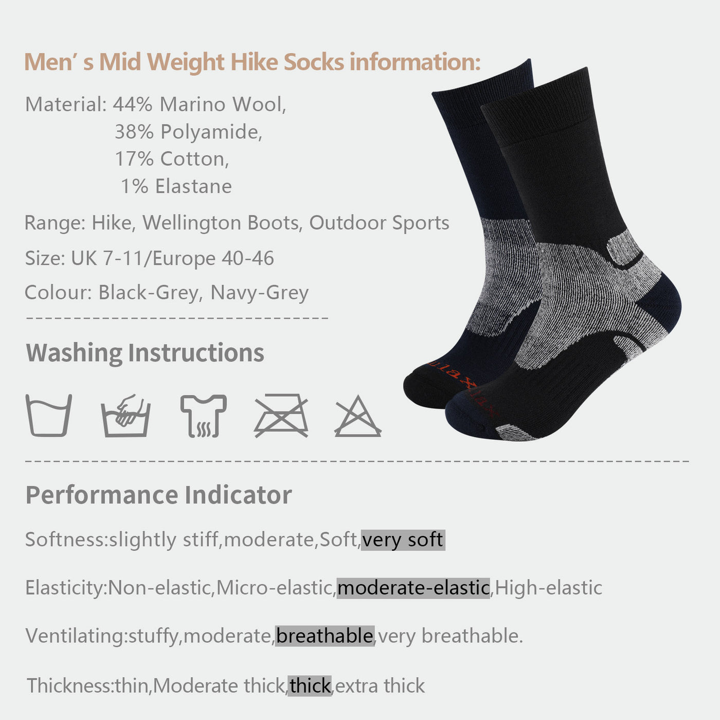 2 Pairs High Quality Merino Wool Men's Hiking Socks, Size UK 7-11/ Europe 40-46 Gift Set