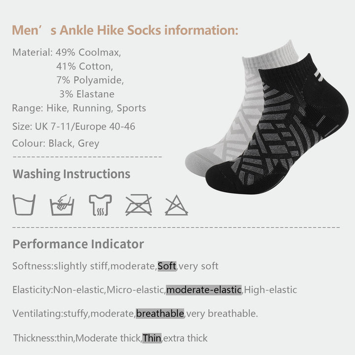 2 Pairs High Quality Men's Ankle Hiking Socks Size UK 7-11/ Europe 40-46