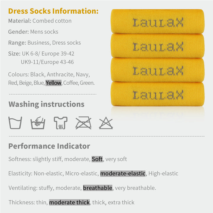 4 Pairs Finest Combed Cotton Smooth Seamless Toe Business Socks, Yellow, Gift Set