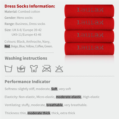 4 pares de calcetines de negocios con punta lisa y sin costuras de algodón peinado de la mejor calidad, rojo, set de regalo 