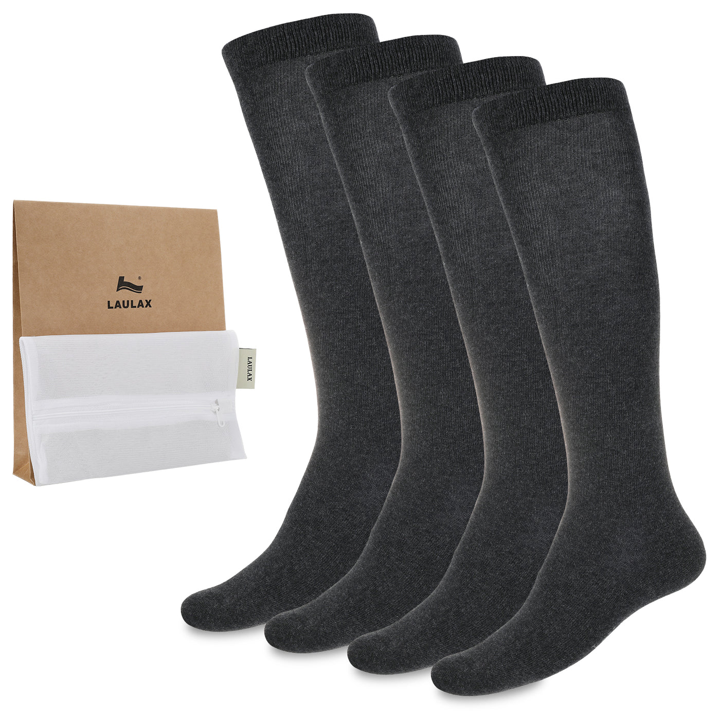 Laulax 4 Pairs Finest Combed Cotton Smooth Seamless Toe Knee High Socks, Size UK 3 - 7 / Europe 36 - 40