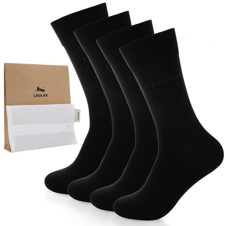 4 Pairs High Quality Finest Combed Cotton Dress Socks, Black, Gift Set wish Socks wash bag