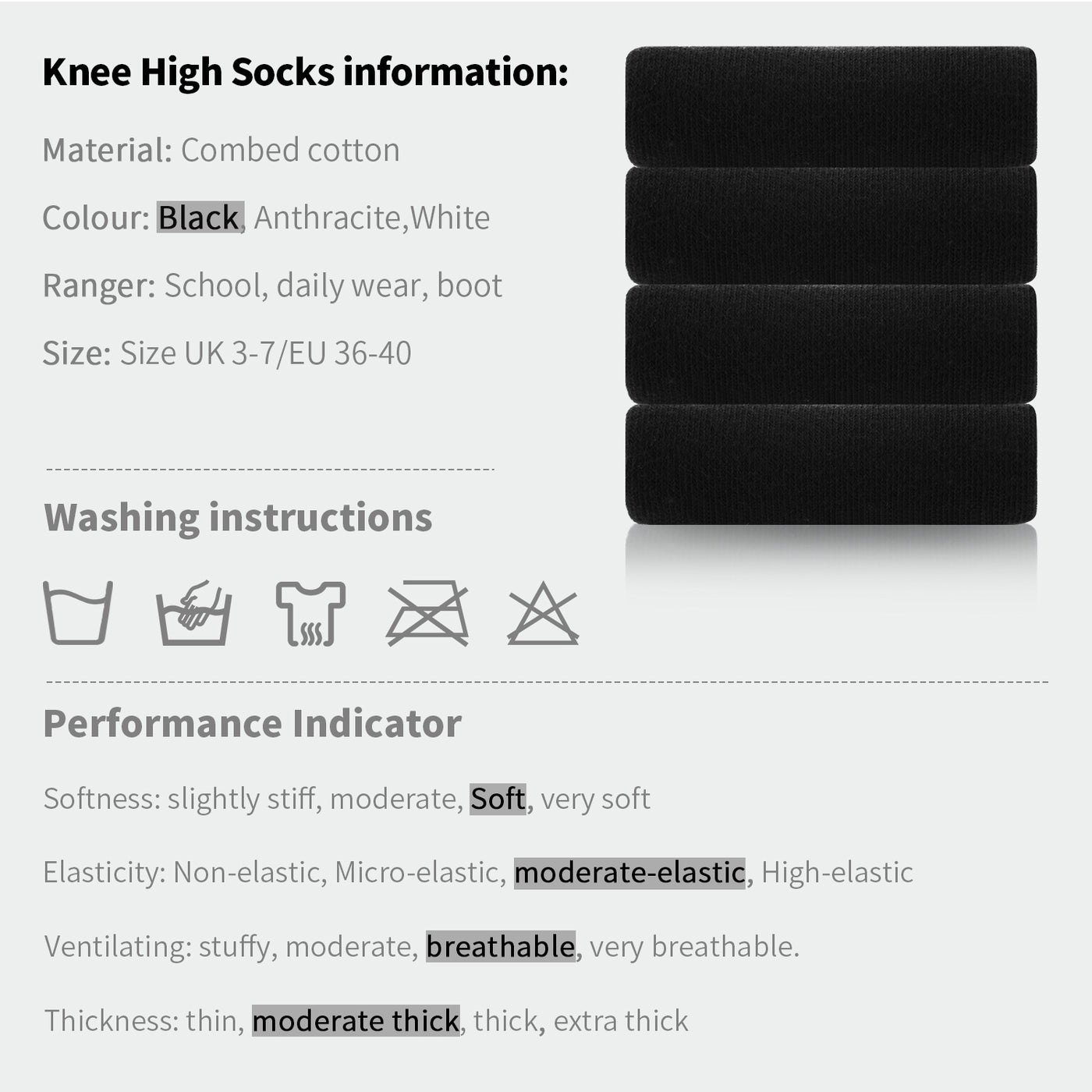 Laulax 4 pares de calcetines hasta la rodilla con punta lisa y sin costuras de algodón peinado de la mejor calidad, talla UK 3 - 7 / Europa 36 - 40
