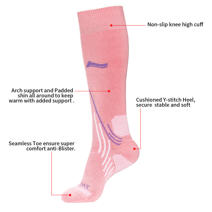 Laulax Femme 2 Paires de Chaussettes de Ski en Laine Mérinos de Haute Qualité, Coffret Cadeau, Taille UK 3 - 7 / Europe 36 - 40, Noir, Rose