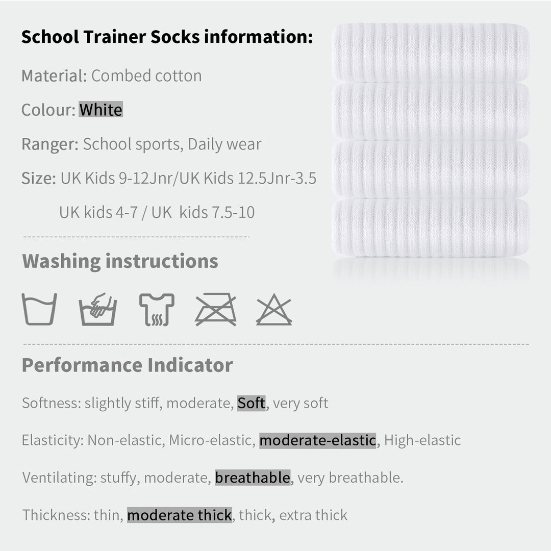 Laulax 5 Pairs Finest Combed Cotton Cushioned Arch Support White PE Sport Socks, 3-18 Years