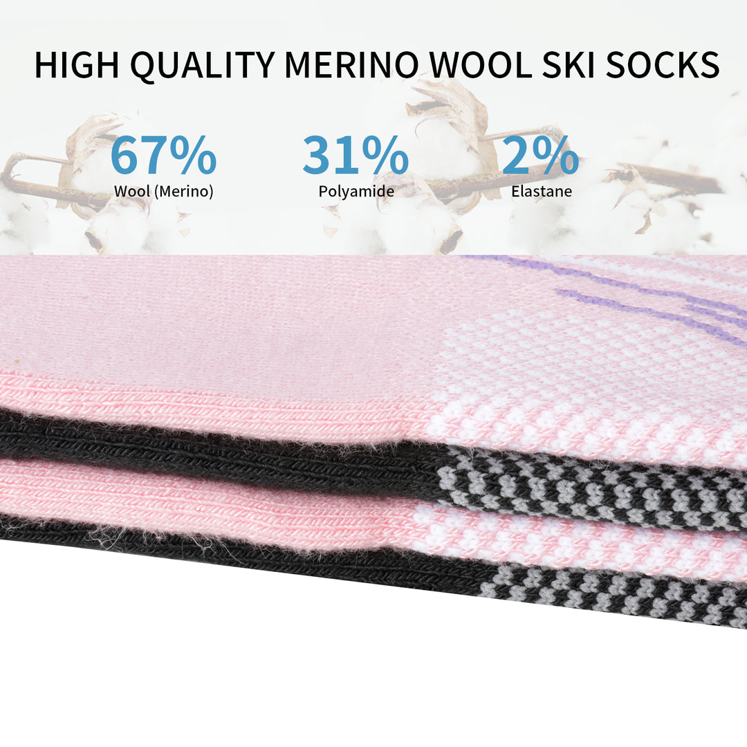 Laulax Femme 2 Paires de Chaussettes de Ski en Laine Mérinos de Haute Qualité, Coffret Cadeau, Taille UK 3 - 7 / Europe 36 - 40, Noir, Rose