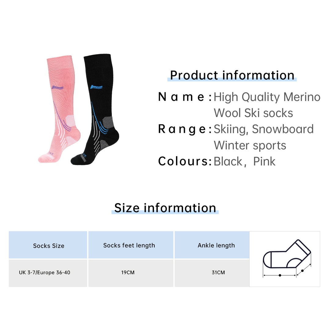Laulax Femme 2 Paires de Chaussettes de Ski en Laine Mérinos de Haute Qualité, Coffret Cadeau, Taille UK 3 - 7 / Europe 36 - 40, Noir, Rose