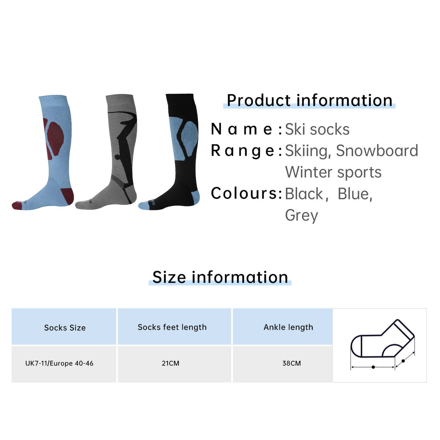 3 Pairs Cashmere-Like Long Hose Thermal Men's Ski Socks, Black, Blue, Grey, Gift Set