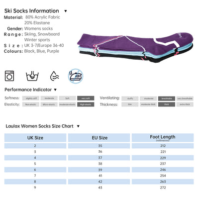 Laulax 3 pares de calcetines de esquí largos tipo cachemira para mujer, talla UK 3 - 7 / Europa 36 - 40, set de regalo, morado, azul, negro