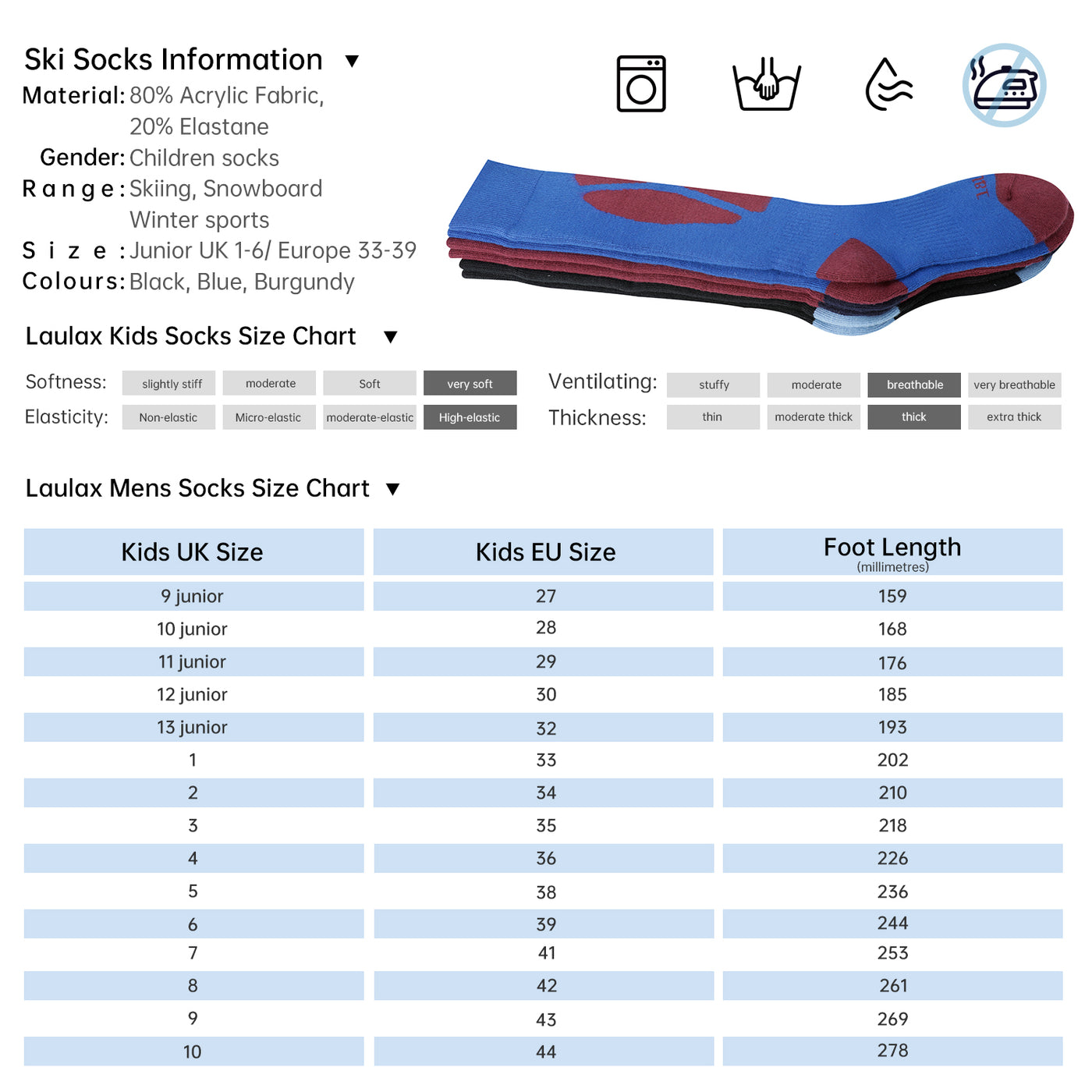 Laulax 3 Pairs Boys Cashmere-Like Long Hose Winter Sports Ski Socks Gift Set, Size Junior 1-6, Black, Blue, Burgundy