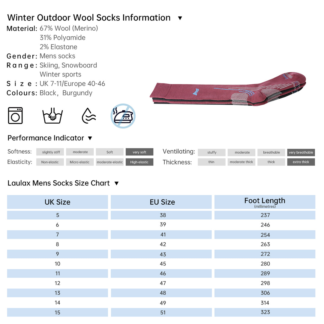 2 Pairs High Quality Merino Wool Men's Ski Socks, Gift Set