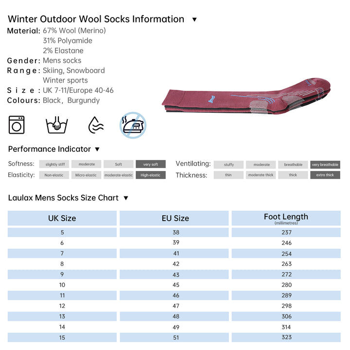 2 Pairs High Quality Merino Wool Men's Ski Socks, Gift Set
