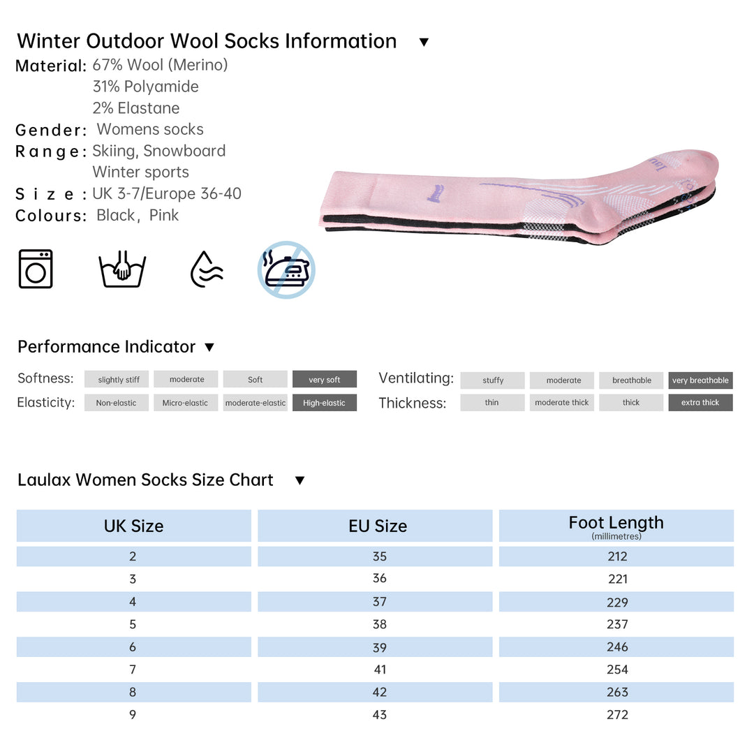 Laulax Femme 2 Paires de Chaussettes de Ski en Laine Mérinos de Haute Qualité, Coffret Cadeau, Taille UK 3 - 7 / Europe 36 - 40, Noir, Rose