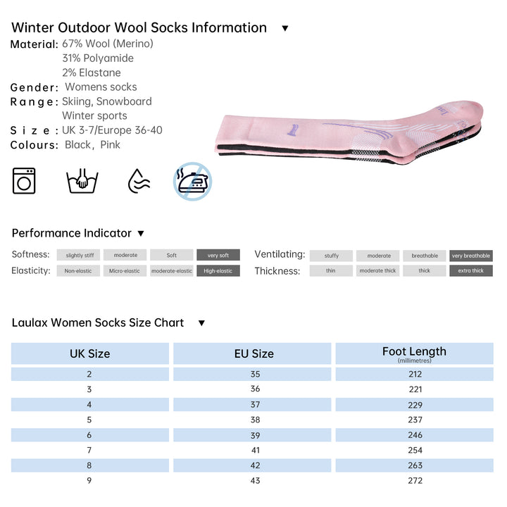 Laulax Femme 2 Paires de Chaussettes de Ski en Laine Mérinos de Haute Qualité, Coffret Cadeau, Taille UK 3 - 7 / Europe 36 - 40, Noir, Rose