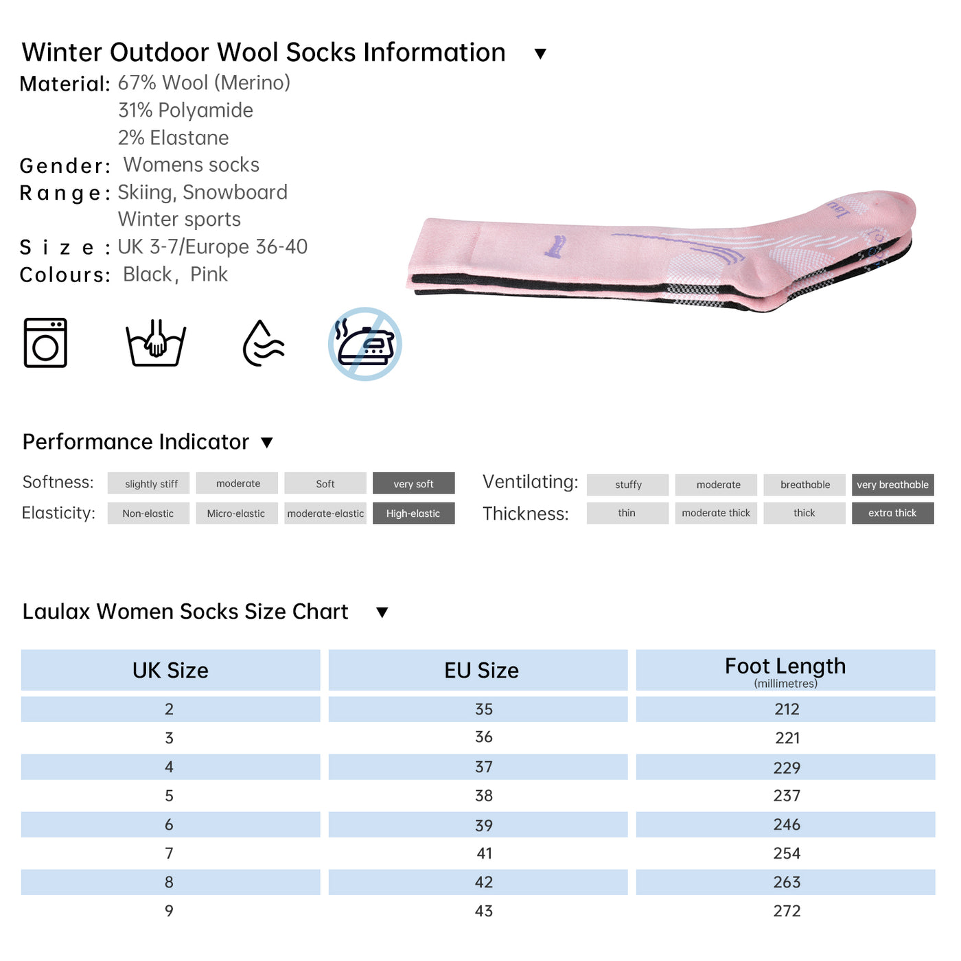 Laulax Ladies 2 Pairs High Quality Merino Wool Ski Socks, Gift Set, Size UK 3 - 7 / Europe 36 - 40, Black, Pink
