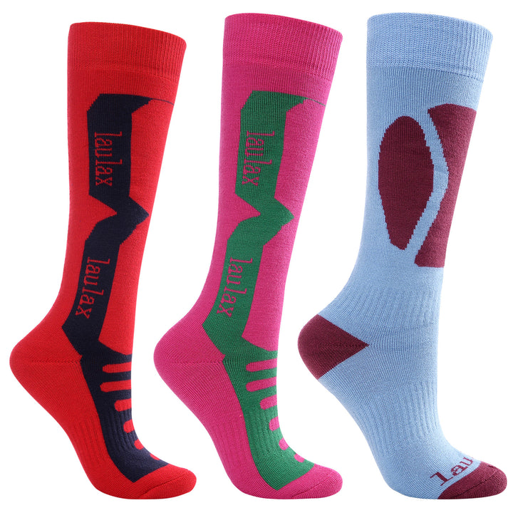 3 paires de chaussettes de ski à tuyau long pour femme, imitation cachemire, taille UK 3 - 7 / Europe 36 - 40, coffret cadeau, rouge, rose, bleu