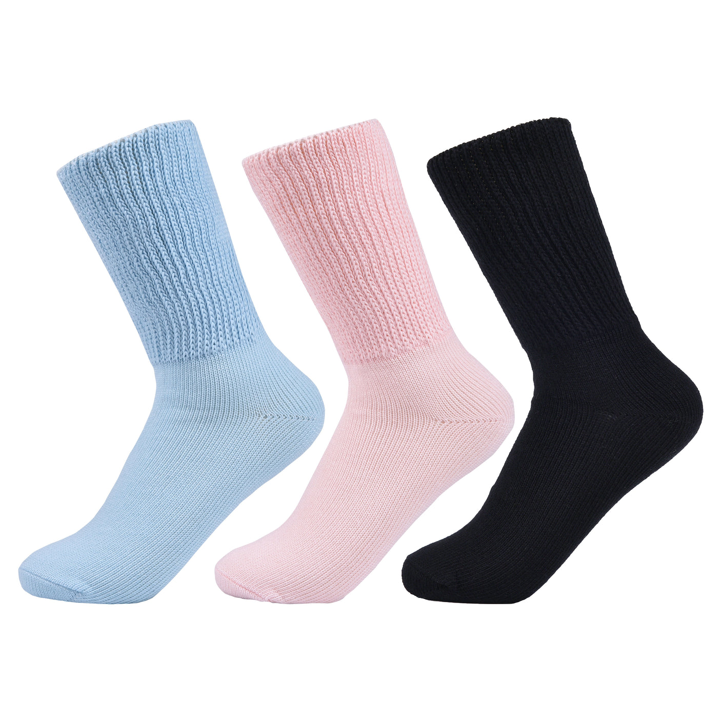 Laulax 3 pares de calcetines de algodón para diabéticos con parte superior holgada y agarre suave, negro, rosa, azul, talla UK 4 - 7 / Europa 36 - 41
