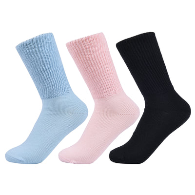Laulax 3 Pairs Ladies Loose Top Gentle Grip Diabetic Cotton Socks, Black, Pink, Blue, Size UK 4 - 7 / Europe 36 - 41
